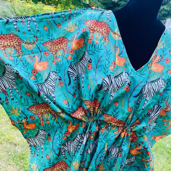 BRAND NEW Turquoise Tiger Print Cotton Kaftan Plus Size Bridesmaid Gown - Picture 4 of 5